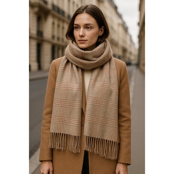 100% Cashmere Pashmina Plaid Wrap Oversized Scarf Taupe & Blush Check 72" x 29" - Picture 1 of 5